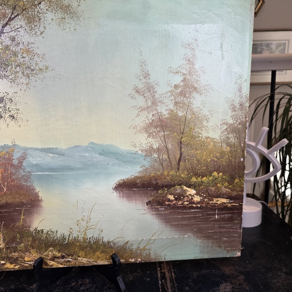 Vintage Signed Oil Painting Landscape River Forest Autumn Canvas 16"x20" - Picture 3 of 11